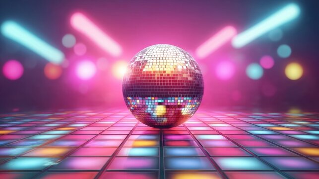 Captivating Disco Ball Surrounded by Vibrant Lights and Colorful Reflections on Dance Floor