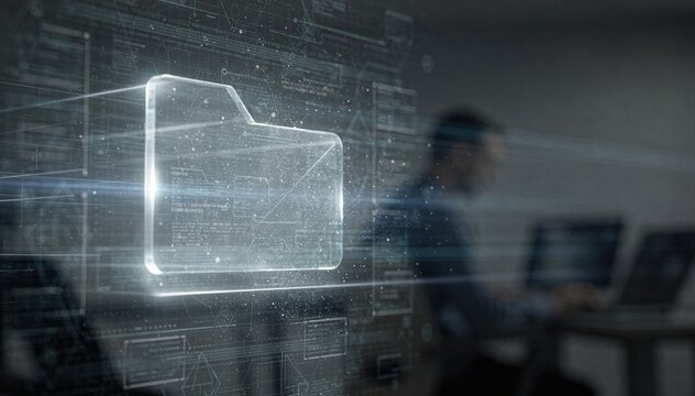 Focused medium shot of a digital media file being scanned on a hightech system interface with the operator and peripherals softly out of focus underscoring automated content