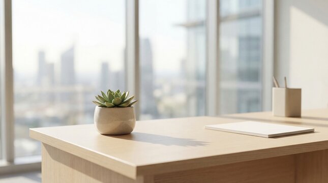 A small succulent plant sits on a modern office desk with a notebook and pen holder.
