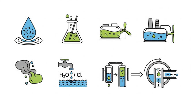 Water treatment and purification process icons.