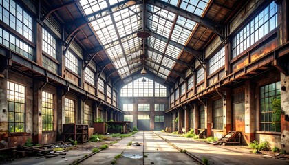 Fototapeta premium Interior view of a large, dilapidated building. Sunlight streams through glass windows. Rust covers the metal framework