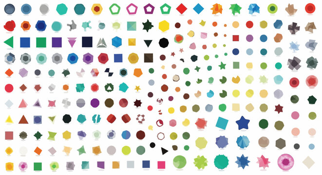Geometric shapes and designs in a diverse array of colors and abstract formations