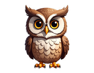 Fototapeta premium Cartoon owl with large orange eyes and detailed brown feathered plumage perched stance
