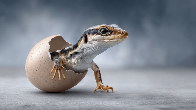 Lizard hatching from egg with focus on its emerging features and surroundings