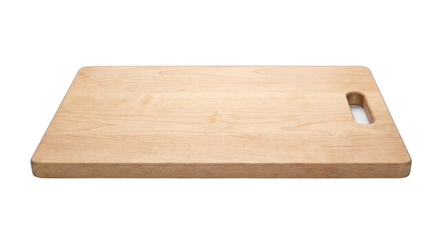 Rectangular Light Wood Cutting Board with Handle Isolated on White Background, Kitchen Chopping Board with Natural Grain Texture, Studio Mockup