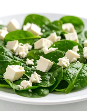 Fresh spinach leaves on a white plate topped with cubed and crumbled white cheese. A healthy and simple lunch