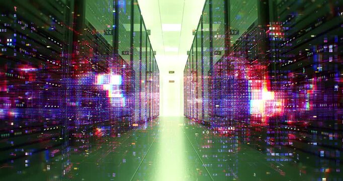 Advanced computer network servers with glowing digital data effects. Technology And AI Related 3D Animation.
