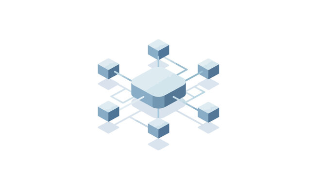 Isometric illustration of a digital network with interconnected nodes and data transfer