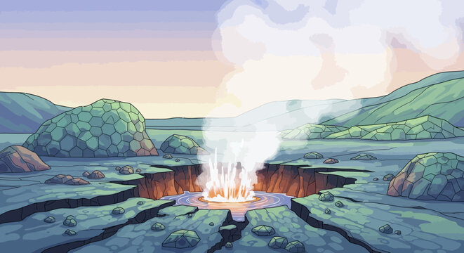 Stylized illustration of a volcanic geyser erupting in a landscape with hills and steam
