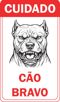 Placa Aviso C&atilde;o Bravo Pitbull Vermelho e Branco Vertical