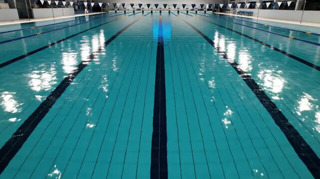 Clean empty indoor swimming pool with blue water and lane lines
