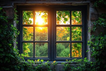 Obraz premium Sunlight streams through a rustic window framed by vibrant foliage, revealing a verdant landscape