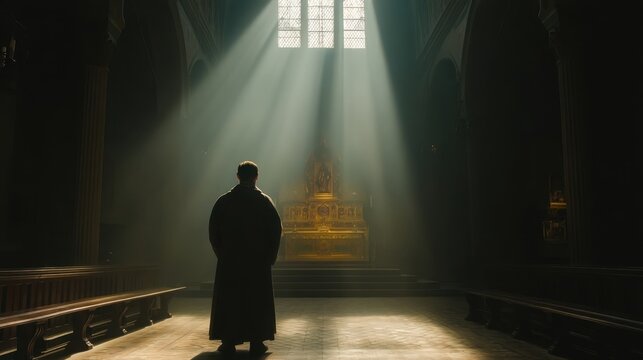 Serene Indoor View of a Church with Sunlight Streaming Through Windows Illuminating the Altar and Enhancing Spiritual Ambiance