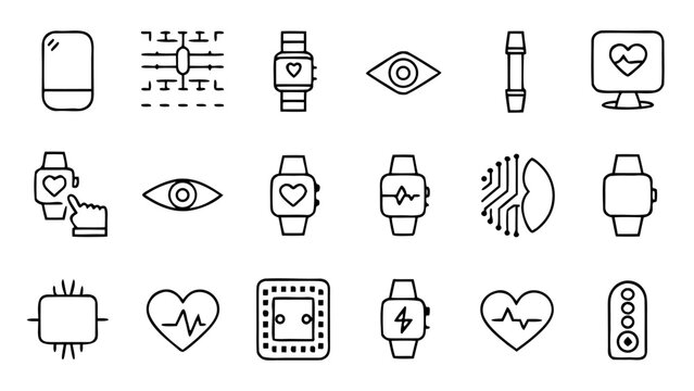 A collection of forty-five linear icons representing physiological data tracking and biofeedback metrics via wearable technology devices.