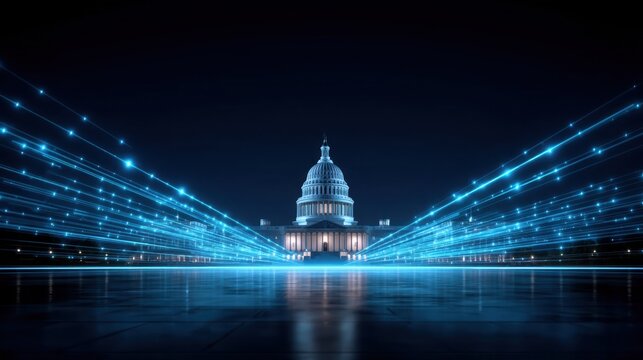 Nighttime Wide Angle Shot of a Modernized Capitol Building with Dynamic Blue Light Trails Representing Digital Connectivity at Twilight