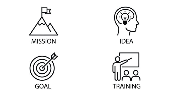 Business Strategy Icons Set, Mission, Goal, Idea, Training, Line Style, Black and White, EPS Vector