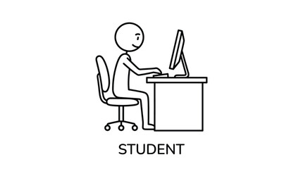 Naklejka premium Student sitting at desk with computer, line art style, education icon, black and white