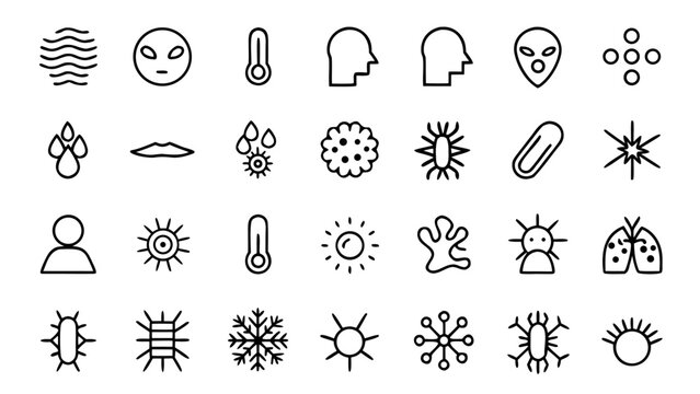 Sixty disease and illness line icons are positioned as minimalist white strokes on a solid black background without any central focal points.