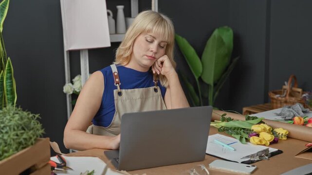 Woman florist in apron closes laptop and touches chin by bouquet and notebook on worktable in studio; quiet contemplation.