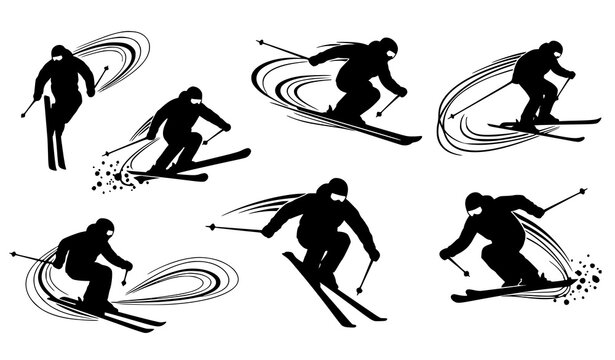 Skiing action silhouettes with motion trails vector set winter sport skiers dynamic movement illustration