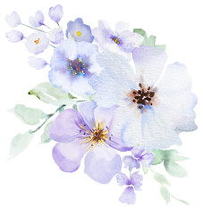 Naklejka premium Watercolor bouquet with light purple flowers, floral isolated illustration for wedding stationery