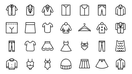 Fototapeta premium Sixty minimalist white outline fashion and clothing icons including shirts and hangers are presented against a stark black background for modern digital design.
