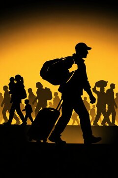 people walking with luggage silhouette sunset background