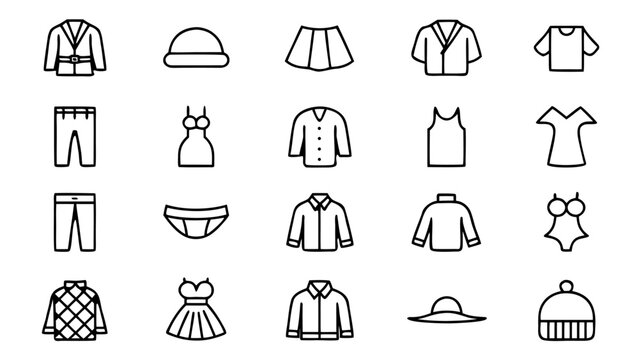 Sixty unique white line art icons depicting various items of clothing such as jackets and skirts are arranged in rows on a professional black background.