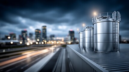 Obraz premium Storage tanks stand on a rooftop against a city skyline with lights twinkling in the evening