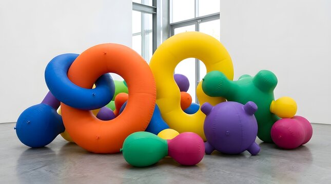 3D inflated shapes, rubber texture, bold colors, playful modern design