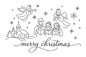 Fototapeta premium Group of carolers singing with angels above, church in snowy landscape, line art style, white background, concept of joyful Christmas