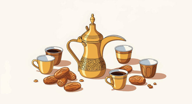 Traditional Arabic coffee set with golden dallah pot and dates, middle eastern hospitality concept, ornate brass coffee pot with small cups isolated PNG with Transparent Background