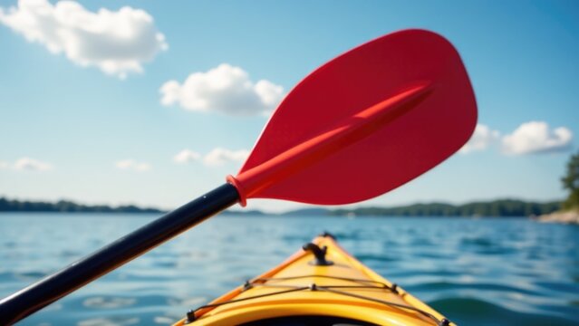 Paddle resting on the deck of a yellow kayak, ready for use