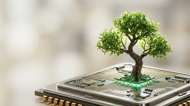 Pohon Tumbuh di Atas Sirkuit Komputer Konsep Teknologi Hijau
