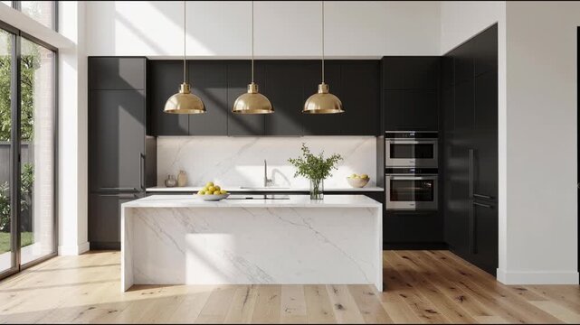Modern kitchen interior with black cabinets white marble island and gold pendant lights bright natural lighting