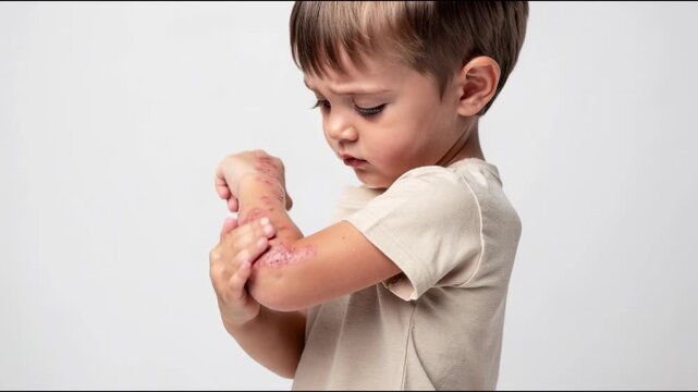 Young child with irritated skin rash on arm showing signs of eczema or allergic reaction on white background