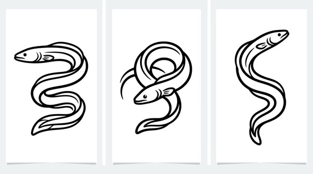 Artistic Black and White Eel Illustrations on White Background.