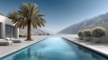 Fototapeta premium A pool area features palm trees and planters against a mountain backdrop under a blue sky