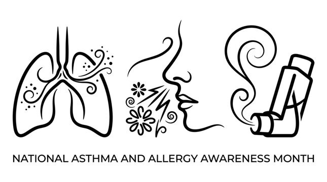 Asthma and Allergy Awareness Month - Medical Illustration of Symptoms.
