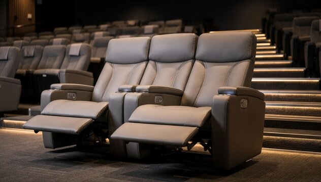 Luxury recliner seating row in medium focus showcasing ergonomic design and adjustable features background aisles and standard seats gently out of focus.