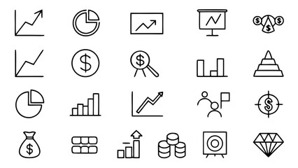 Fototapeta premium Seventy-five white outline icons of global finance and commerce.