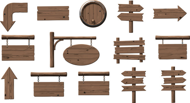Collection of various rustic wooden signs and arrows featuring weathered textures hanging boards and direction pointers on white background for western or vintage designs.