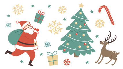 Fototapeta premium Santa claus running with gift bag near christmas tree and reindeer, christmas