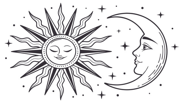 Celestial sun and moon illustration with stars and decorative faces, celestial
