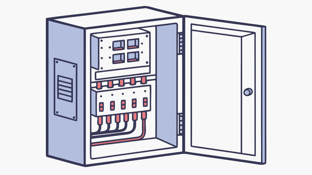 Open electrical distribution cabinet with circuit breakers and wiring, switches