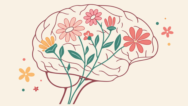 Human brain illustration with flowers growing from within representing mental