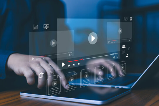 Online video streaming platform and digital content management concept with media player interface, cloud library, and multimedia files on laptop, representing content distribution, video marketing,