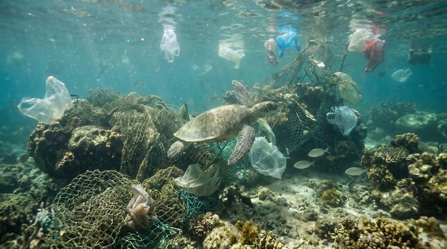 A sea turtle swims through a coral reef filled with plastic pollution and discarded fishing nets underwater