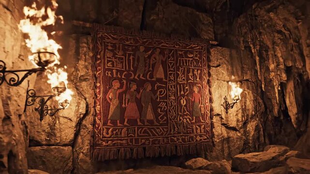 Ancient Embroidered Tapestry Depicting Figures Hangs on Rough Hewn Stone Wall Illuminated by Torches
