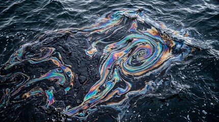Obraz premium A vibrant oil spill spreads across the dark ocean water creating a swirling rainbow pattern on the surface